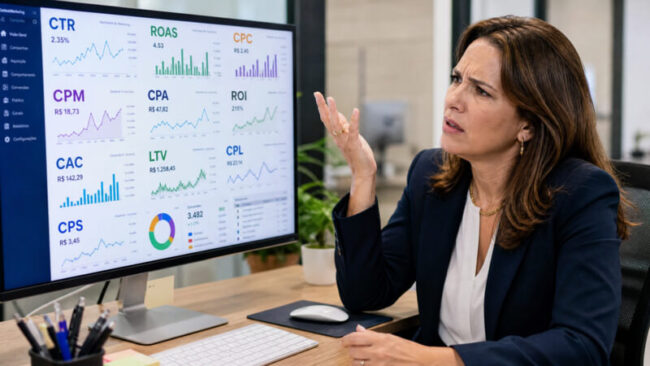 Gestora escolar confusa diante de dashboard de marketing digital com siglas técnicas como CTR, ROAS, CPC e CAC na tela.