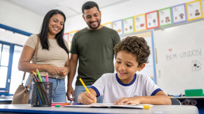 Criança engajada em atividade escolar enquanto os pais observam sorrindo, ilustrando a vivência customizada.