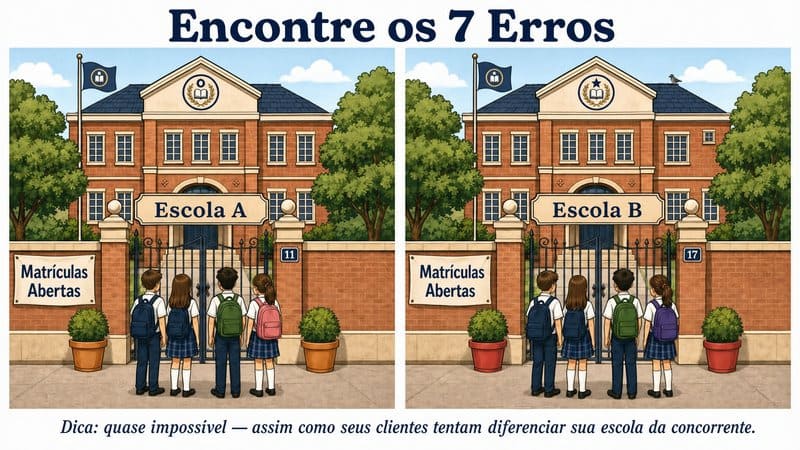 Jogo dos 7 erros com duas fachadas de escolas idênticas ilustrando a dificuldade de diferenciar escolas particulares