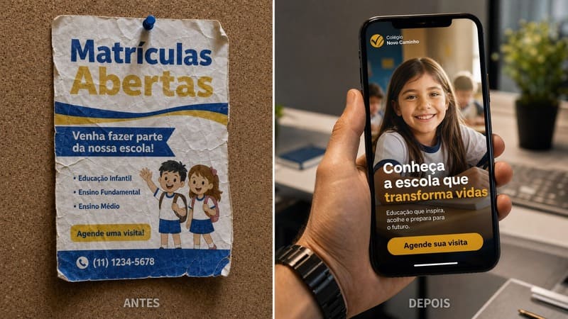 Comparação entre panfleto genérico de matrículas abertas e anúncio digital profissional de escola com foto real de aluna e chamada para ação.
