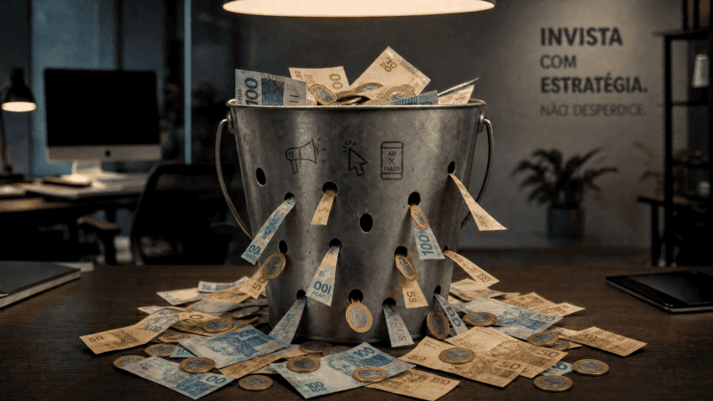 Balde de metal furado com notas e moedas de reais escapando pelos buracos, simbolizando desperdício de verba em anúncios sem estratégia.