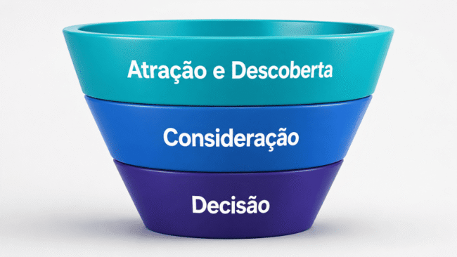 Funil de vendas para escola em 3D dividido em três fases: Atração e Descoberta, Consideração e Decisão.