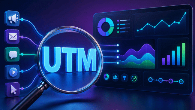 Ilustração de uma lupa destacando o termo UTM, conectada a diferentes canais de marketing e a uma tela de Analytics com gráficos de resultados.