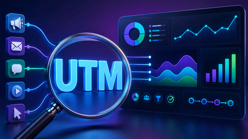 Ilustração de uma lupa destacando o termo UTM, conectada a diferentes canais de marketing e a uma tela de Analytics com gráficos de resultados.