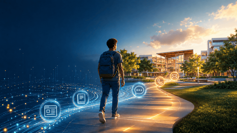 Aluno caminhando em direção ao campus universitário por um caminho com símbolos de artigos, materiais ricos, mensagens, telefone e e-mail, representando a nutrição de leads.