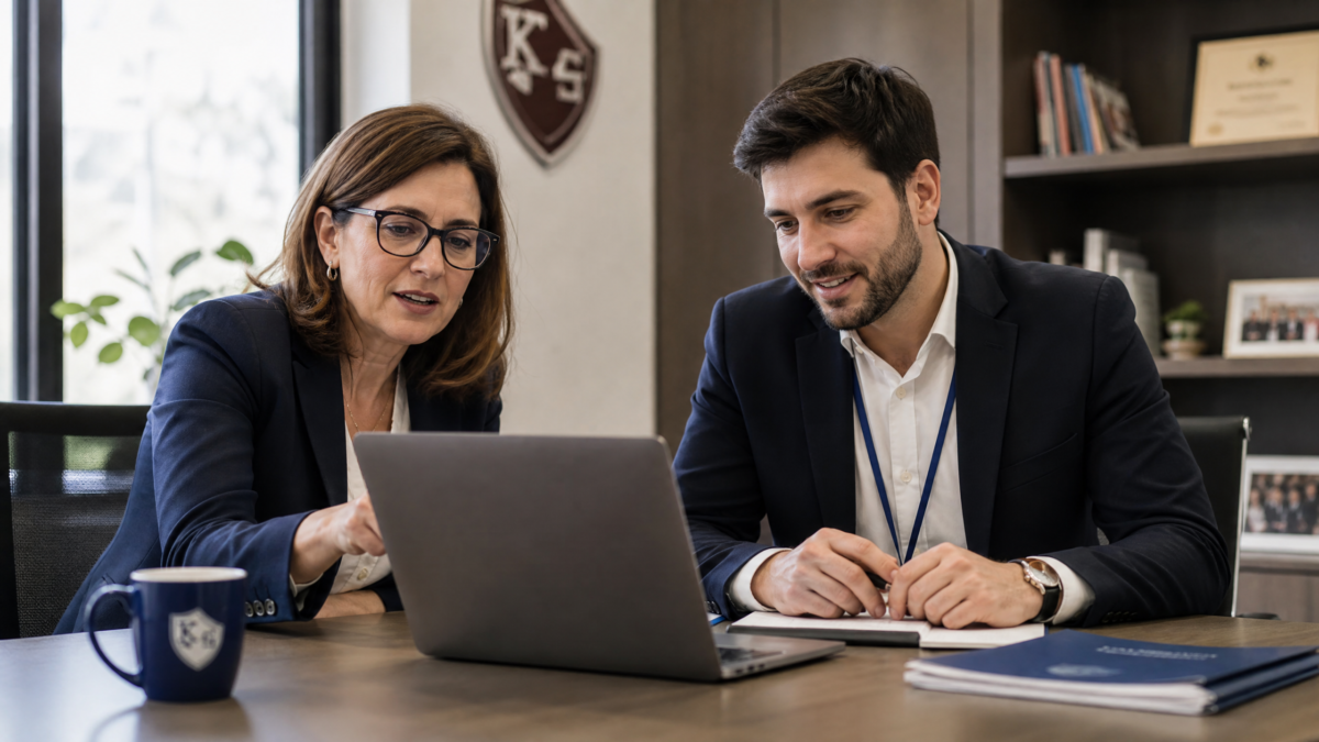 Gestores escolares revisando resultados de anúncios online em reunião dentro da escola.